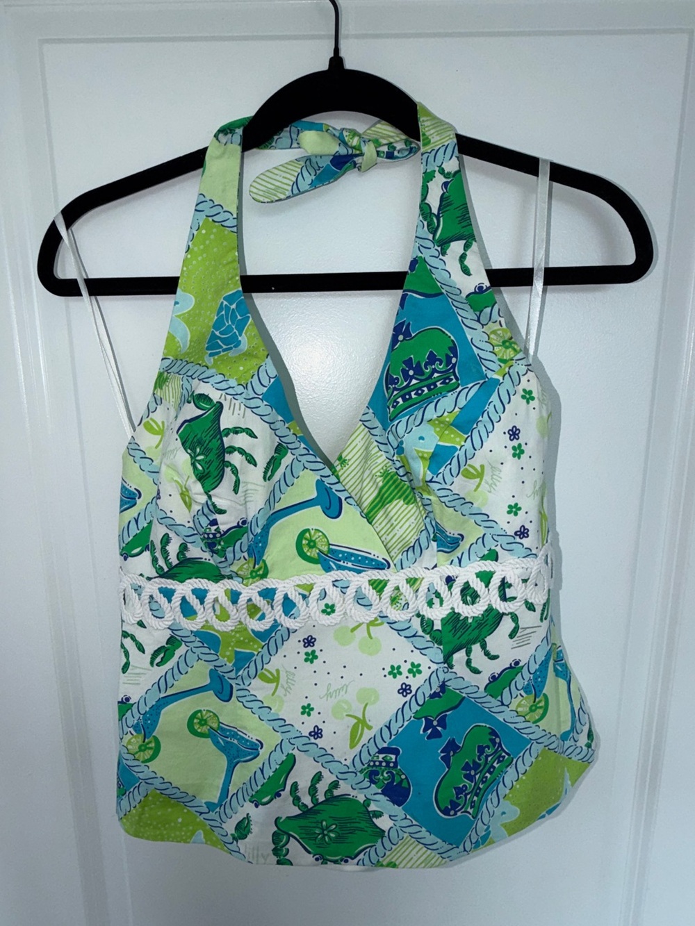 Vintage Lilly Pulitzer Y2K Halter Top Green Blue Tropical Print Size 8